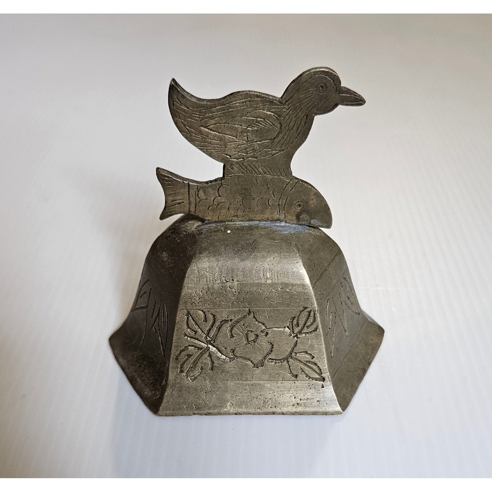 Solid Brass Folk Art Bell – Bird‎ & Fish Engraved – Handcrafted Collectible